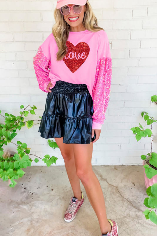 Pink Shiny Heart Shape love Print Sequined Patch Sleeve Top