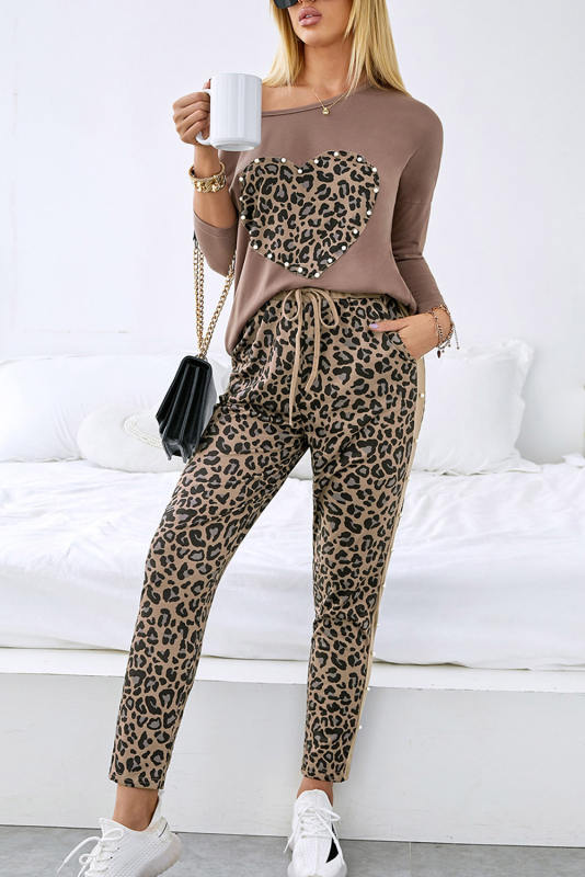 Coffee Pearl Embellished Heart Graphic Top Leopard Pants Set