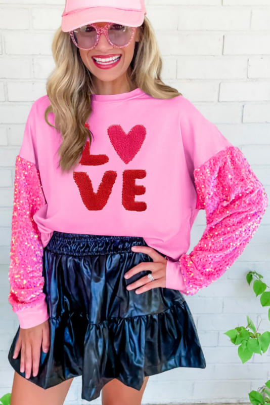 Pink Valentines LOVE Graphic Sequin Sleeve Top