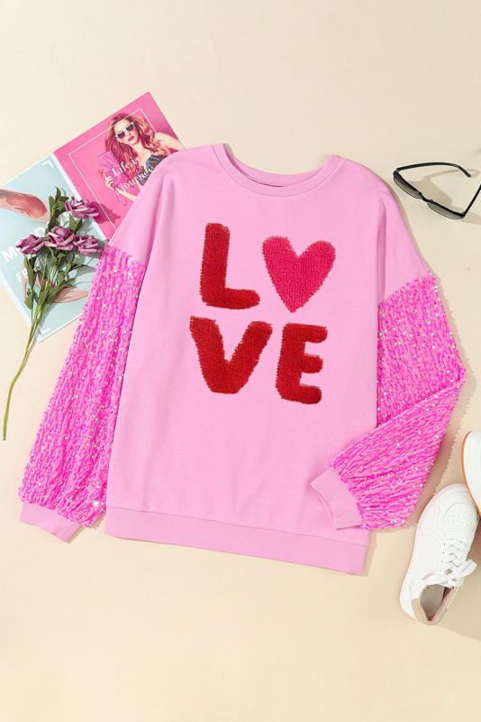 Pink Valentines LOVE Graphic Sequin Sleeve Top