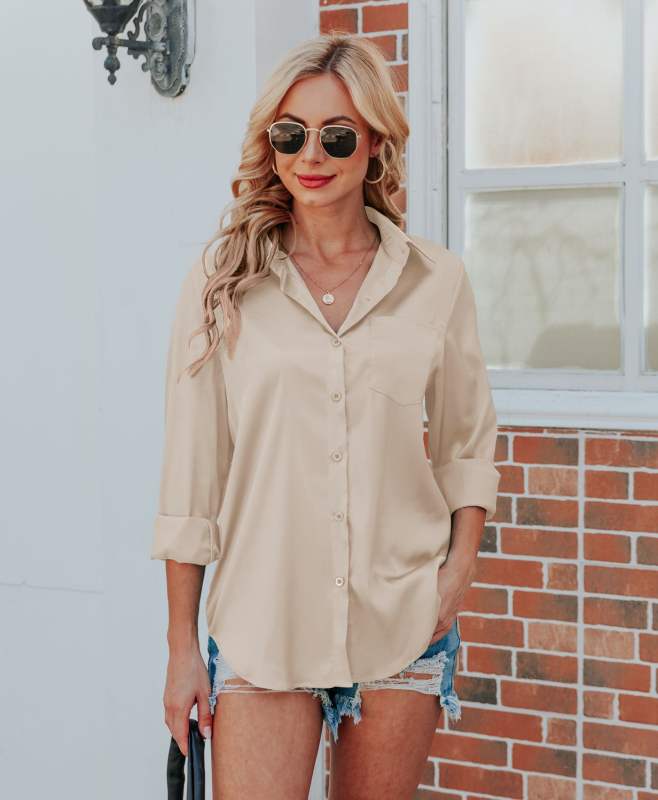 Champagne V Neck Satin Pocketed  Long Sleeve Shirt TQX220165-53