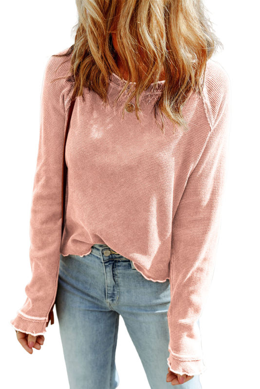Pink Textured Round Neck Long Sleeve Top