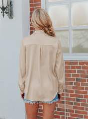 Champagne V Neck Satin Pocketed  Long Sleeve Shirt TQX220165-53
