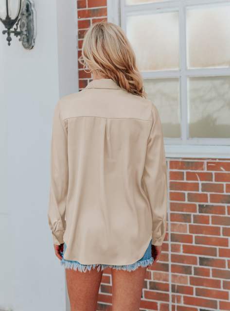 Champagne V Neck Satin Pocketed  Long Sleeve Shirt TQX220165-53