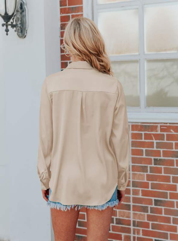 Champagne V Neck Satin Pocketed  Long Sleeve Shirt TQX220165-53