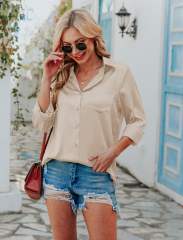 Champagne V Neck Satin Pocketed  Long Sleeve Shirt TQX220165-53
