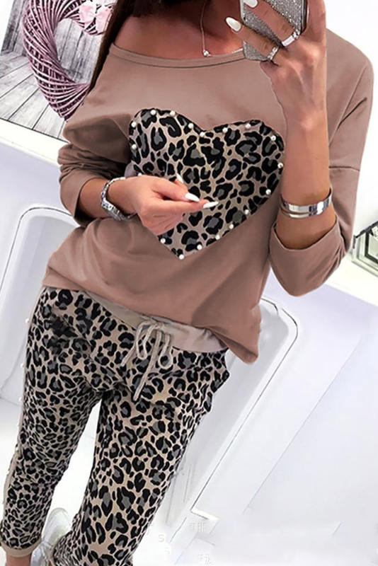 Coffee Pearl Embellished Heart Graphic Top Leopard Pants Set