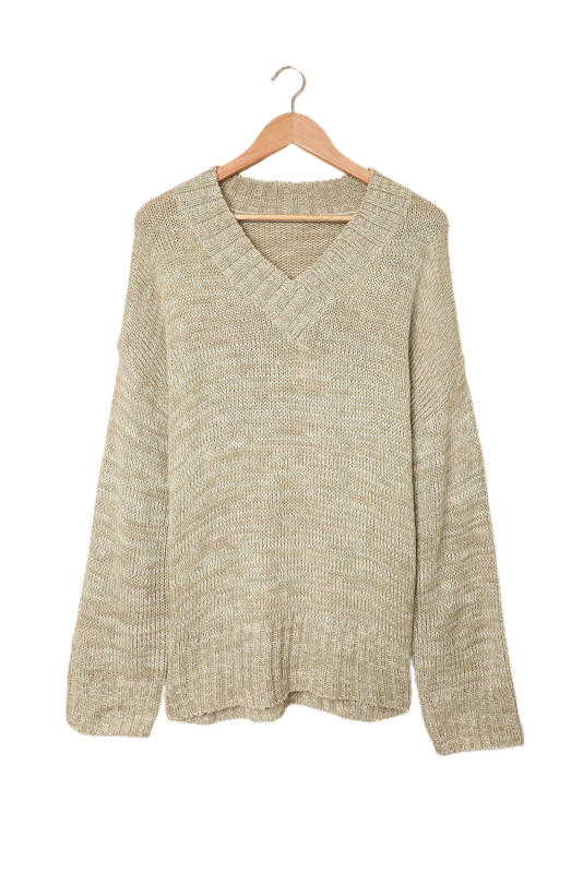 Gray V neck Drop Shoulder Knitted Sweater