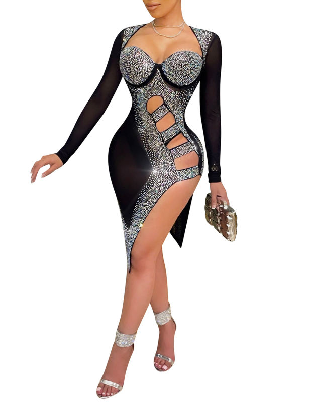 Black Rhinestone Cut-out Asymmetrical Mesh Club Dress