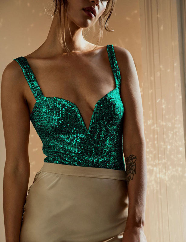 Dark green Splicing Lace Spaghetti Straps Sequin Bodysuit