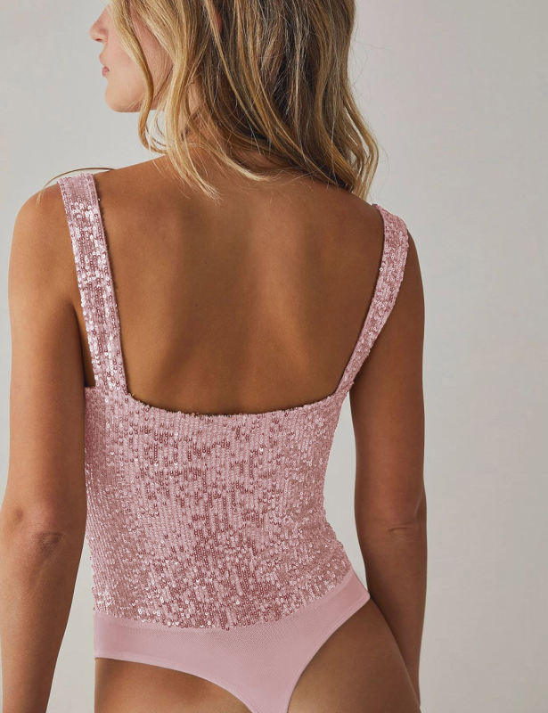 Pink Splicing Lace Spaghetti Straps Sequin Bodysuit