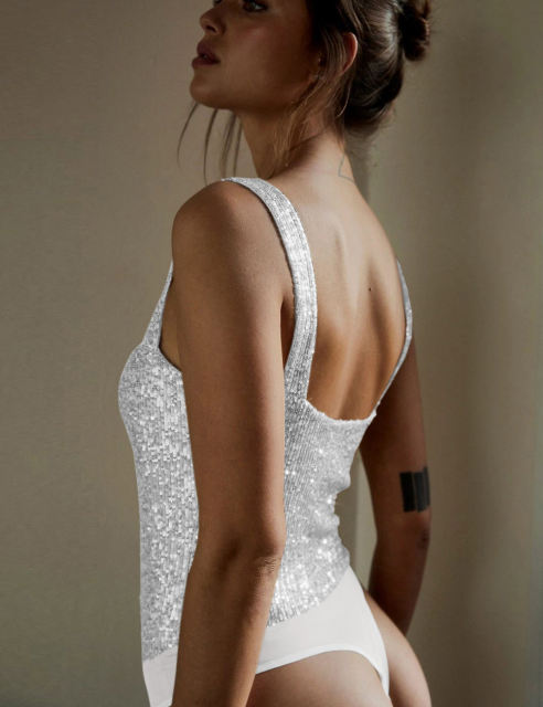 Silvery Splicing Lace Spaghetti Straps Sequin Bodysuit