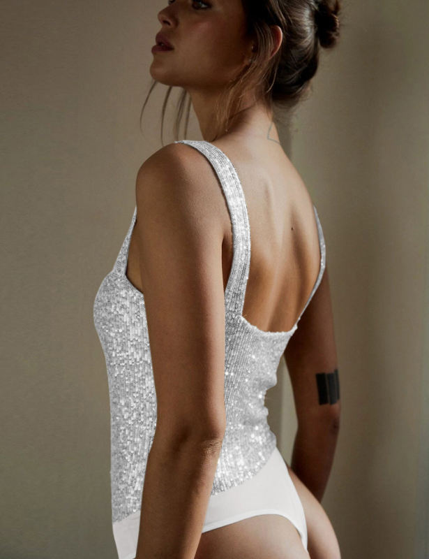 Silvery Splicing Lace Spaghetti Straps Sequin Bodysuit
