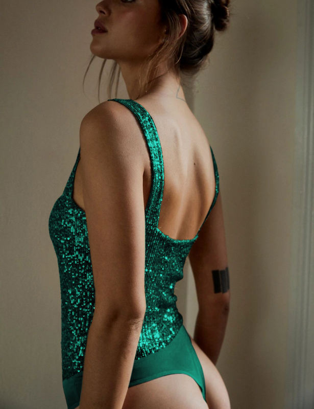 Dark green Splicing Lace Spaghetti Straps Sequin Bodysuit