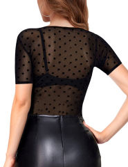 Black Polka Dot Sheer Mesh Short Sleeve Tops