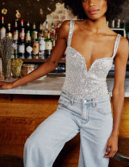 Silvery Splicing Lace Spaghetti Straps Sequin Bodysuit