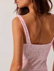Pink Splicing Lace Spaghetti Straps Sequin Bodysuit
