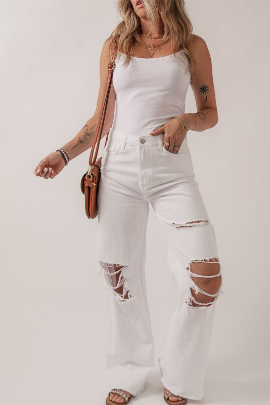 Bright White Heavy Distressed Straight Leg Jeans