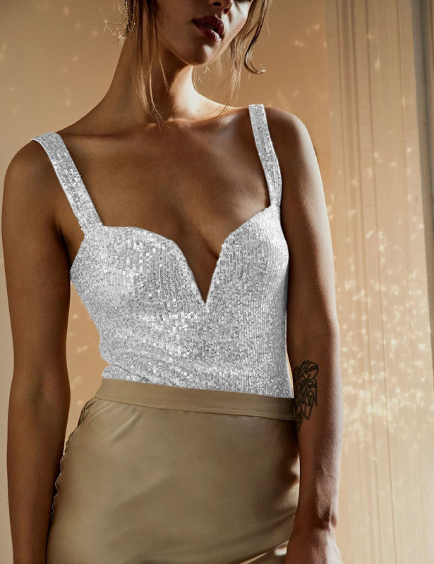 Silvery Splicing Lace Spaghetti Straps Sequin Bodysuit