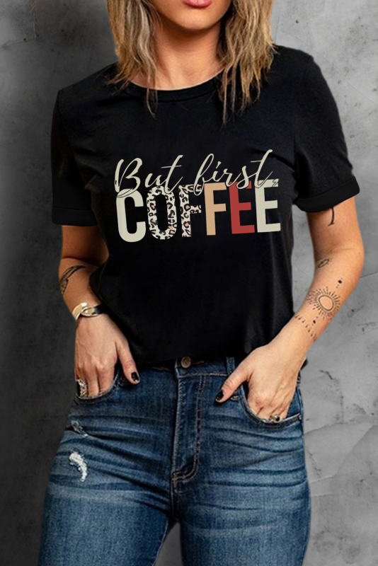 Black But First Coffee Leopard Print Crew Neck T Shirt