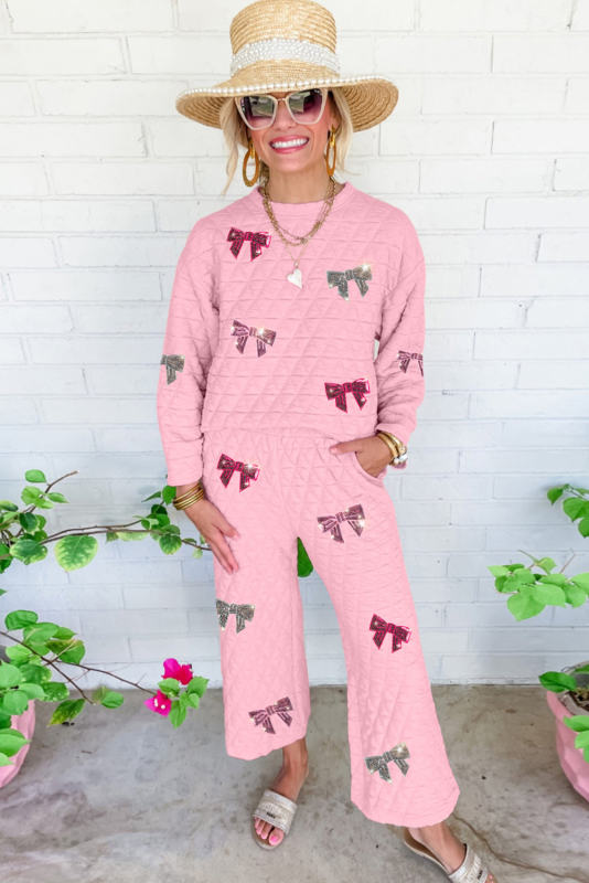 Pink Glitter Gift Bow Graphic Quilted Two Piece Set