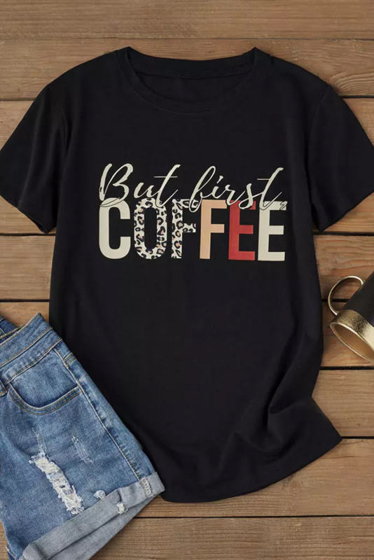 Black But First Coffee Leopard Print Crew Neck T Shirt
