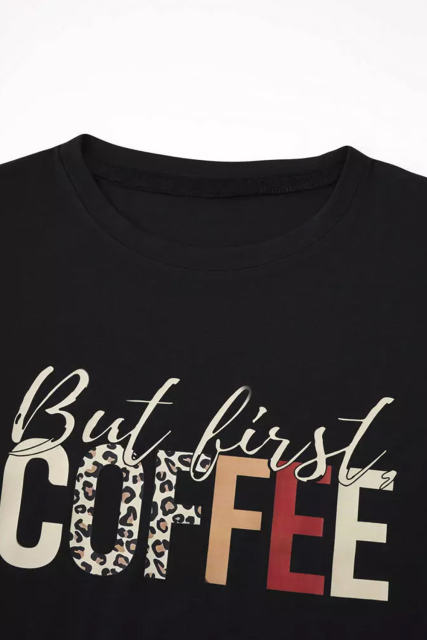 Black But First Coffee Leopard Print Crew Neck T Shirt