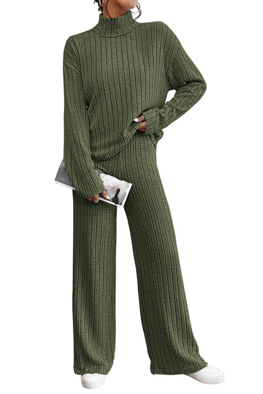 Jungle Green Ribbed Knit High Neck Loose Top and Pants Set