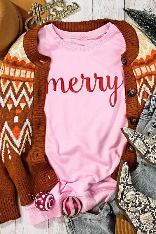 Pink merry Embroidered Drop Shoulder Sweatshirt