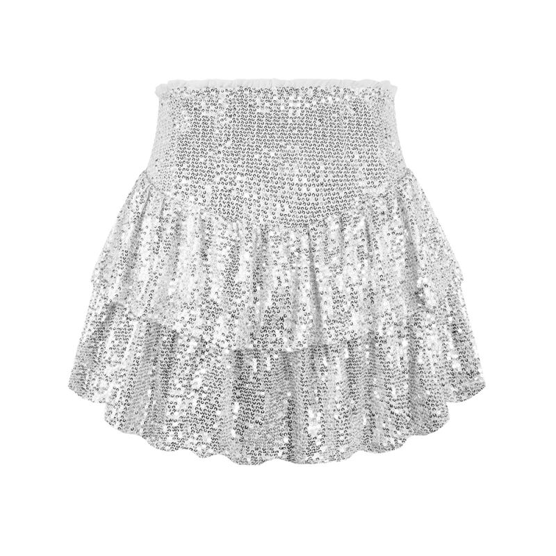 Silvery Layered Sequined Mini Skirt