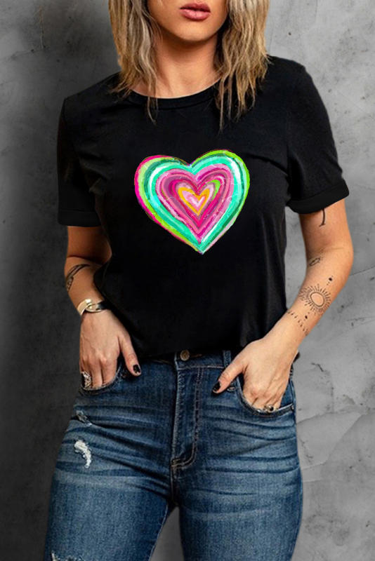 Black Valentine Heart Shaped Print Crew Neck T Shirt