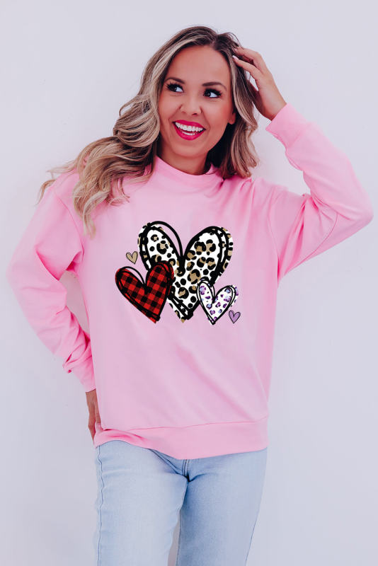 Pink Heart Shaped Plaid Leopard Print Crew Neck Sweatshirt