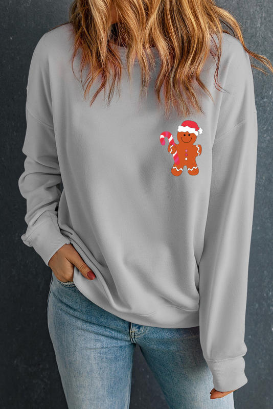 Gray Christmas Gingerbread Man Crew Neck Graphic Sweatshirt
