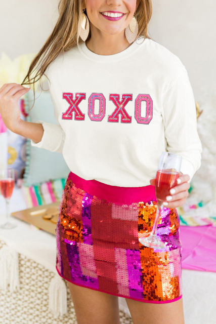 Beige Shiny XOXO Valentine Pullover Sweatshirt