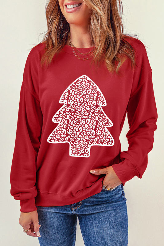 Red Leopard Christmas Tree Print Pullover Sweatshirt