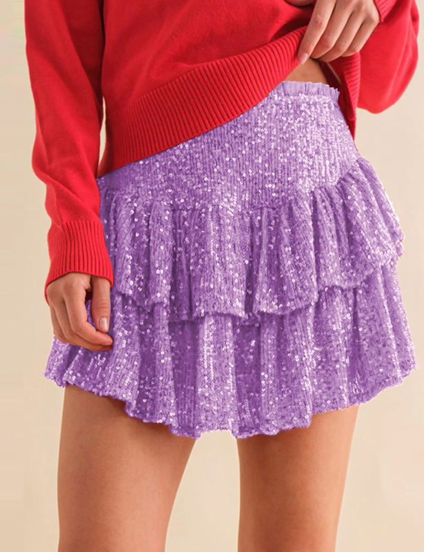 Purple Layered Sequined Mini Skirt