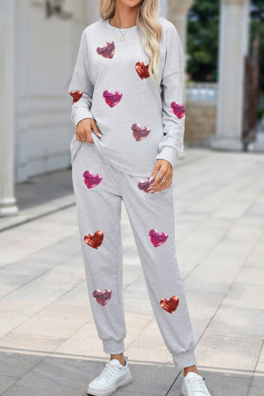 Gray Sequin Valentine Heart Pattern Pullover Jogger Pants Set