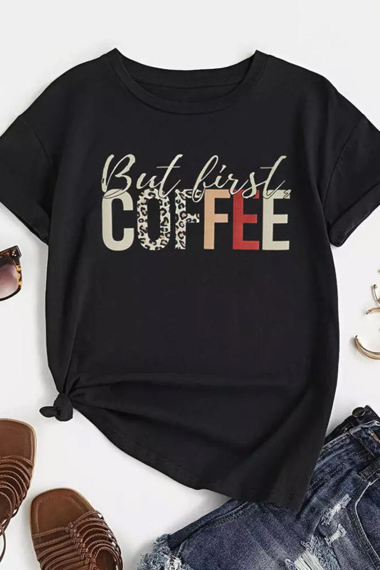 Black But First Coffee Leopard Print Crew Neck T Shirt