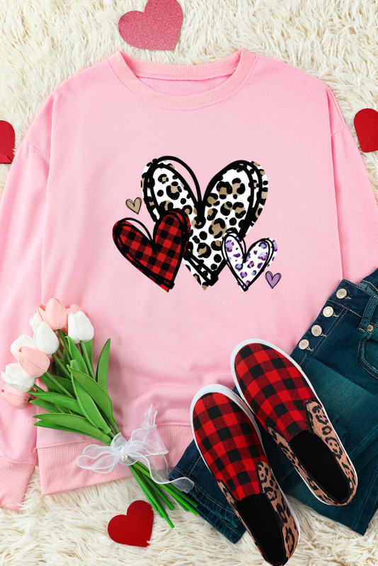 Pink Heart Shaped Plaid Leopard Print Crew Neck Sweatshirt