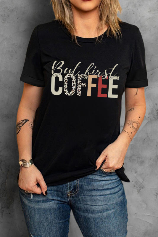Black But First Coffee Leopard Print Crew Neck T Shirt