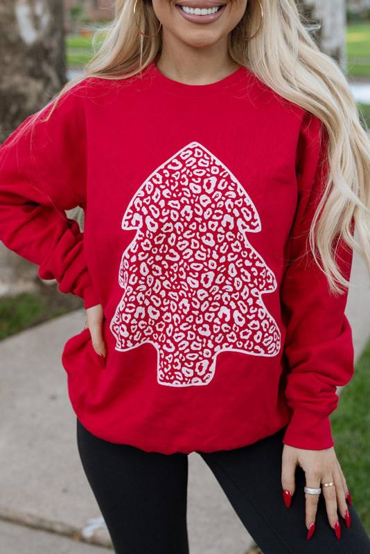 Red Leopard Christmas Tree Print Pullover Sweatshirt