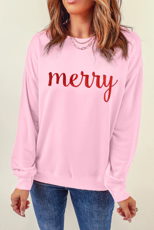 Pink merry Embroidered Drop Shoulder Sweatshirt