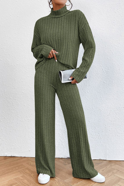 Jungle Green Ribbed Knit High Neck Loose Top and Pants Set