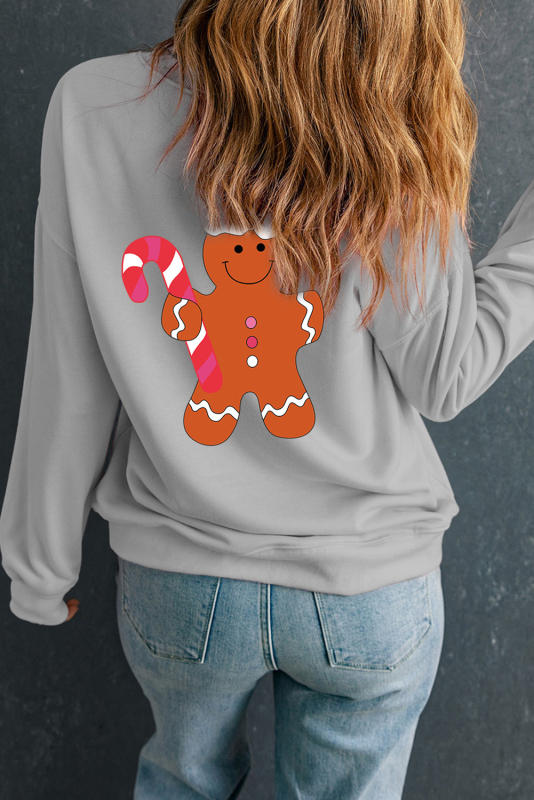 Gray Christmas Gingerbread Man Crew Neck Graphic Sweatshirt