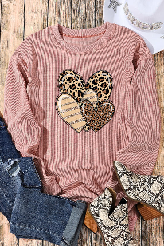 Pink Leopard Heart Shape Corded Loose Fit Sweatshirt