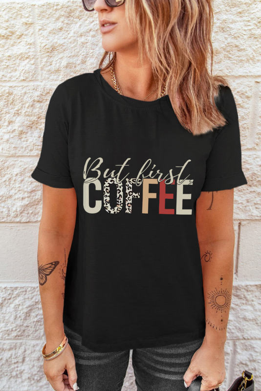 Black But First Coffee Leopard Print Crew Neck T Shirt