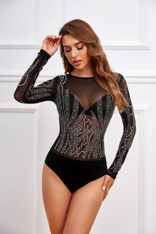 Black Rhinestone Mesh Round Neck Long Sleeve Bodysuit