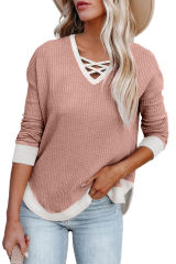 Pink Contrast Trim Strappy Neck Long Sleeve Top