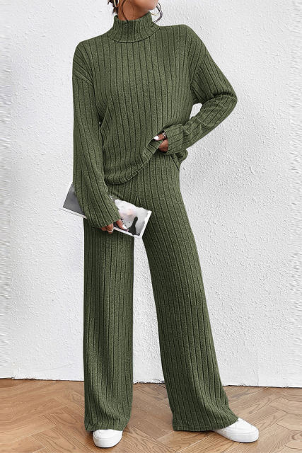 Jungle Green Ribbed Knit High Neck Loose Top and Pants Set