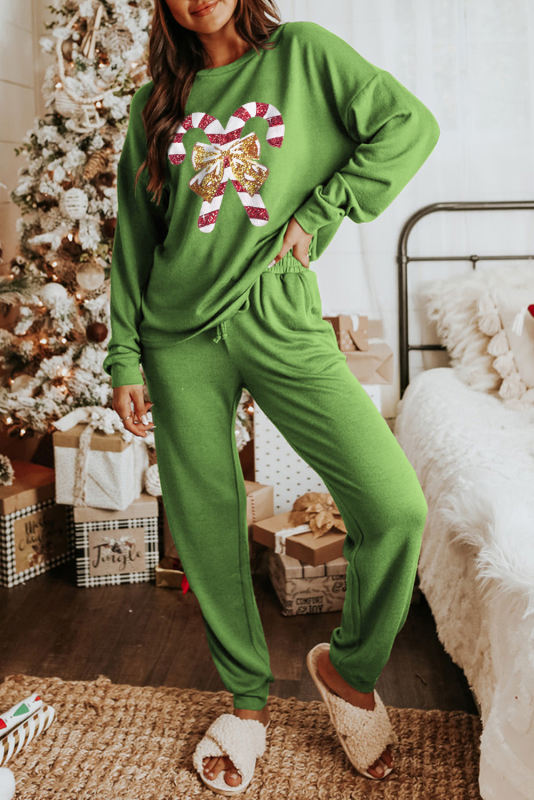 Spinach Green Shiny Christmas Candy Cane Print 2pcs Lounge Set